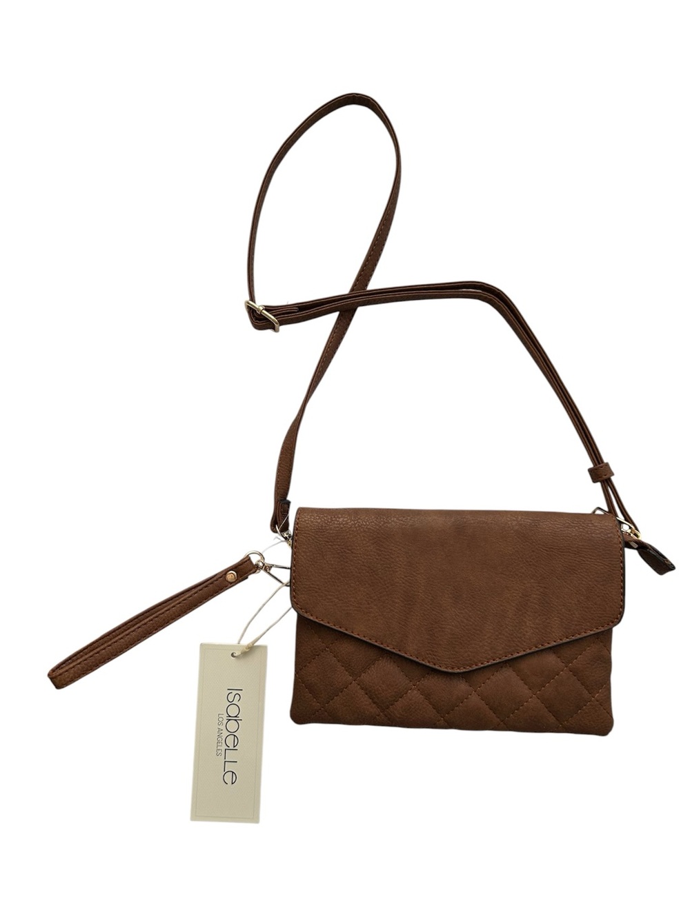 NWT Isabelle Los Angeles Brown Gold Vegan Leather Flap Crossbody Clutch Bag